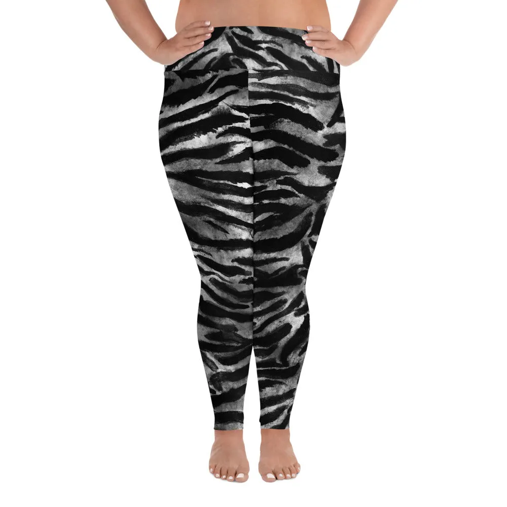 Gray Tiger Plus Size Leggings, Tiger Stripe Animal Print Women's Yoga Pants -Made in USA/MX/EU