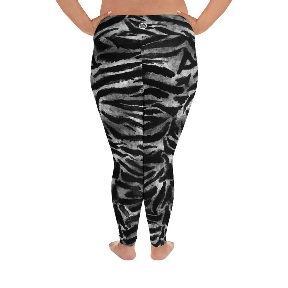 Gray Tiger Plus Size Leggings, Tiger Stripe Animal Print Women's Yoga Pants -Made in USA/MX/EU