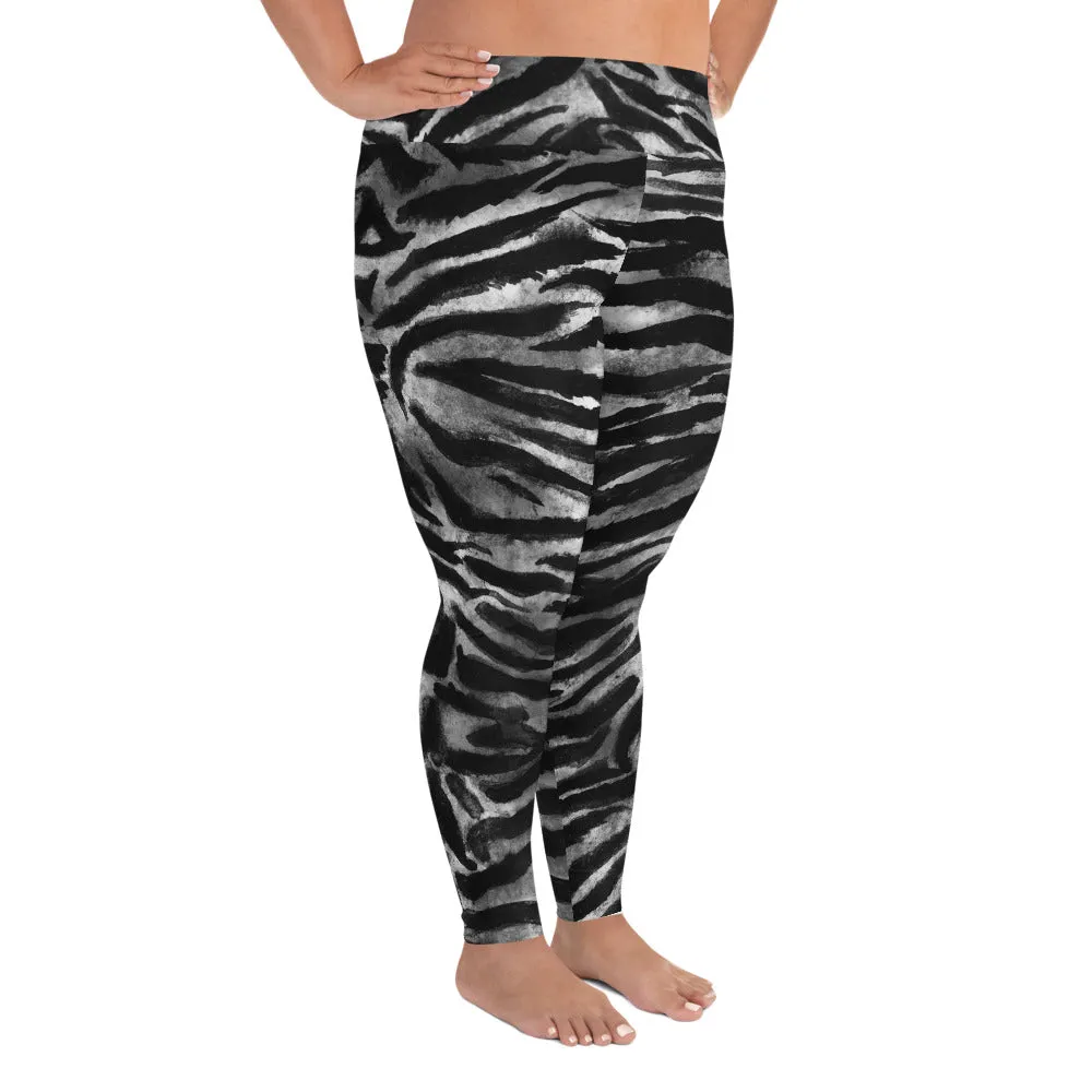 Gray Tiger Plus Size Leggings, Tiger Stripe Animal Print Women's Yoga Pants -Made in USA/MX/EU