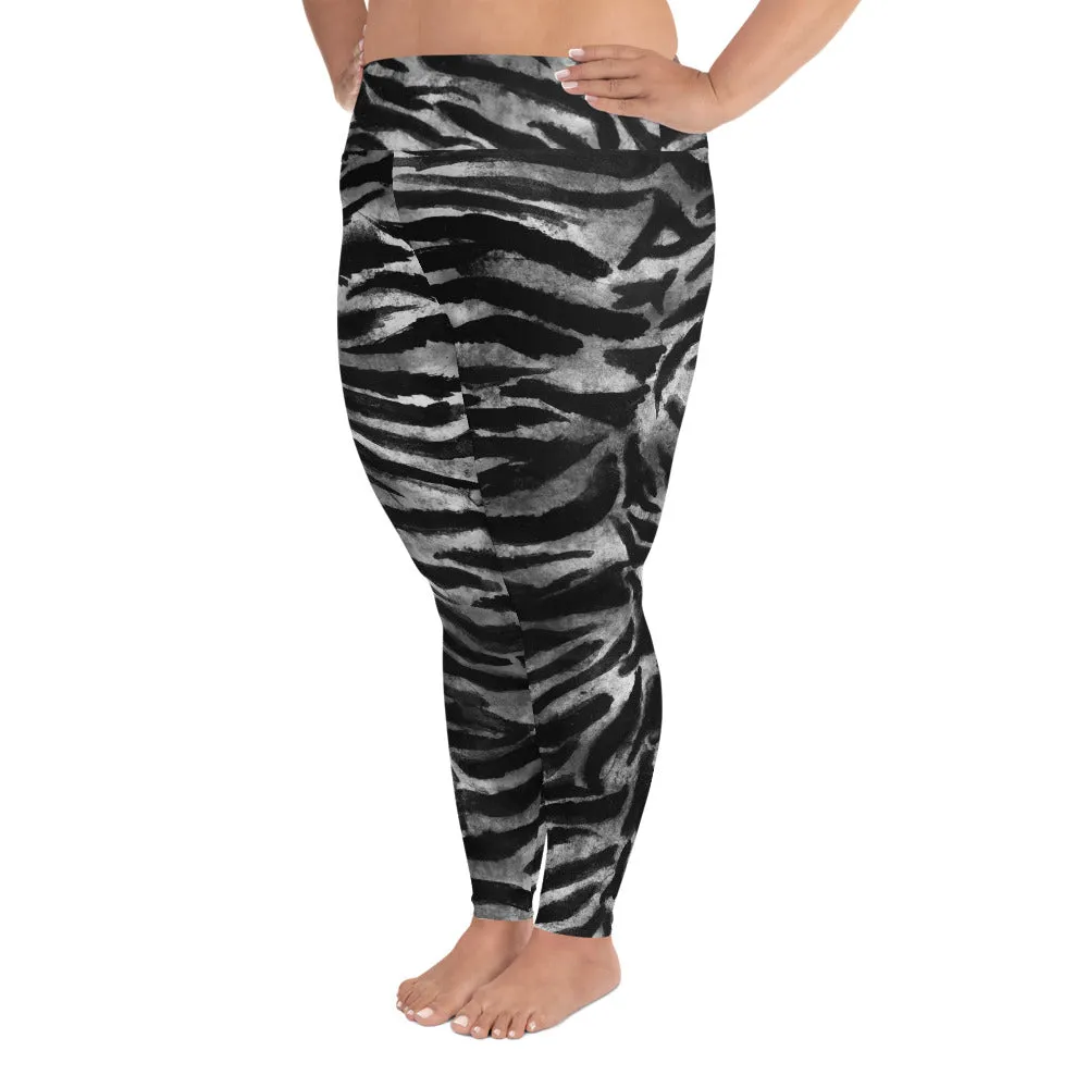 Gray Tiger Plus Size Leggings, Tiger Stripe Animal Print Women's Yoga Pants -Made in USA/MX/EU