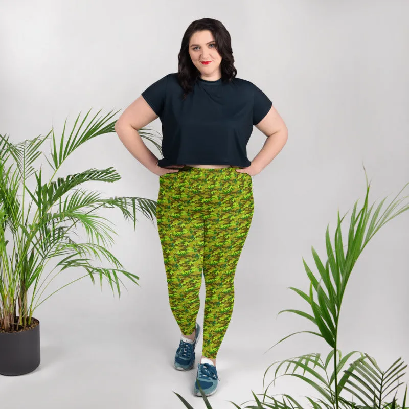 Green Camo Plus Size Leggings, Camouflage Women's Plus Size Leggings- Made in USA/ EU