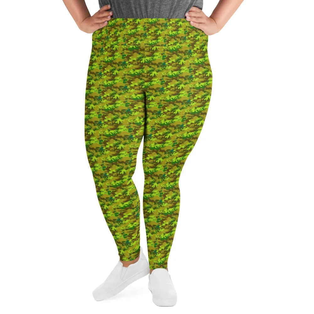 Green Camo Plus Size Leggings, Camouflage Women's Plus Size Leggings- Made in USA/ EU