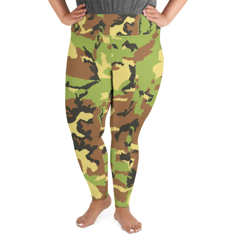 Green Camo Print Plus Size Leggings, Adventurer's Camouflage Army Tights- Made in USA/ EU