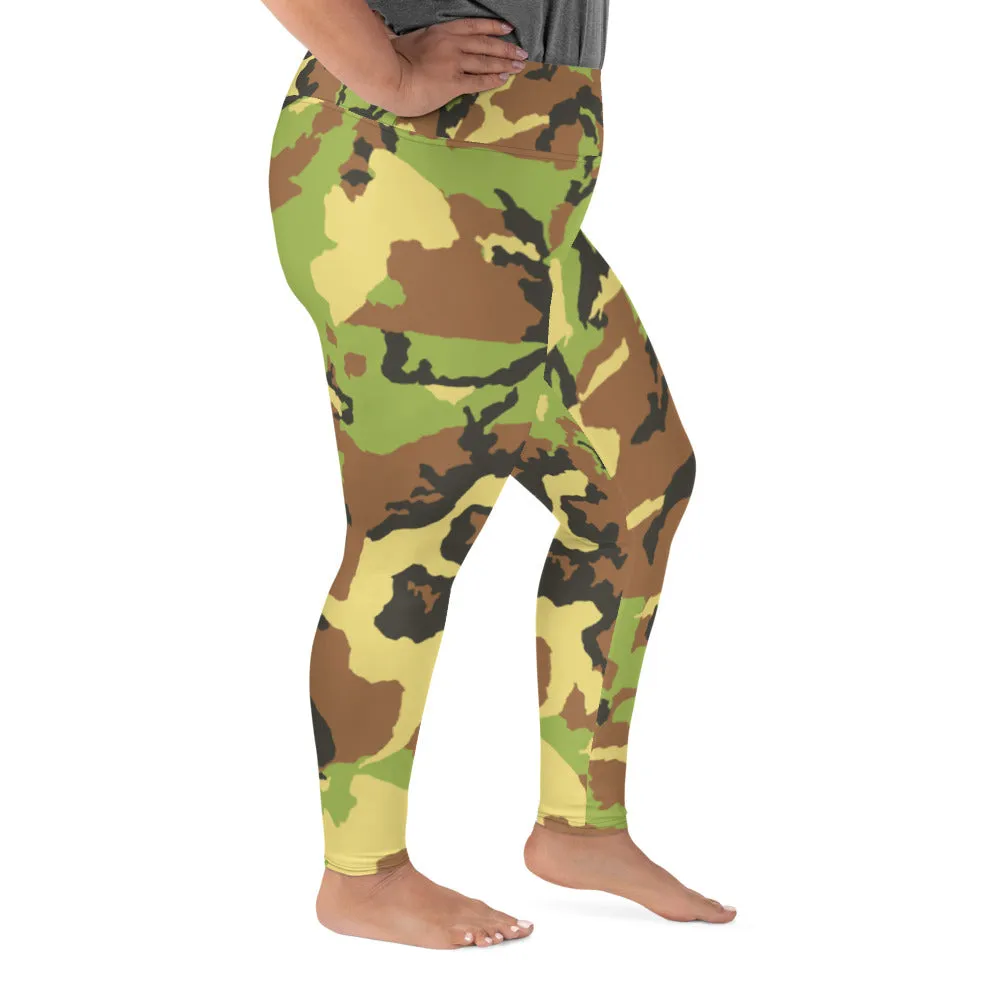 Green Camo Print Plus Size Leggings, Adventurer's Camouflage Army Tights- Made in USA/ EU