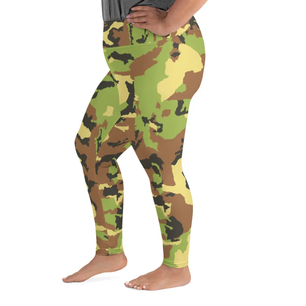 Green Camo Print Plus Size Leggings, Adventurer's Camouflage Army Tights- Made in USA/ EU