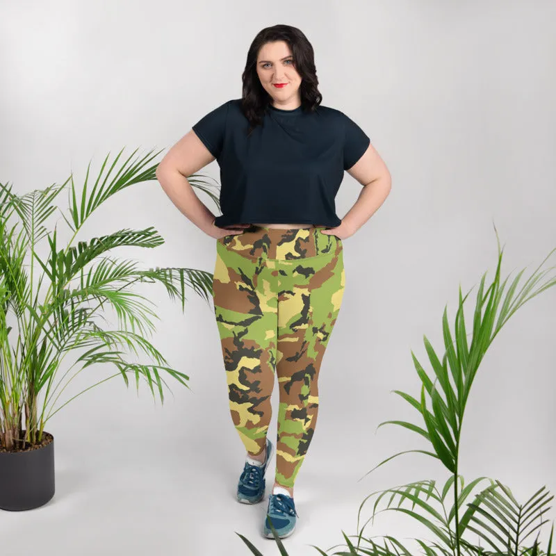 Green Camo Print Plus Size Leggings, Adventurer's Camouflage Army Tights- Made in USA/ EU