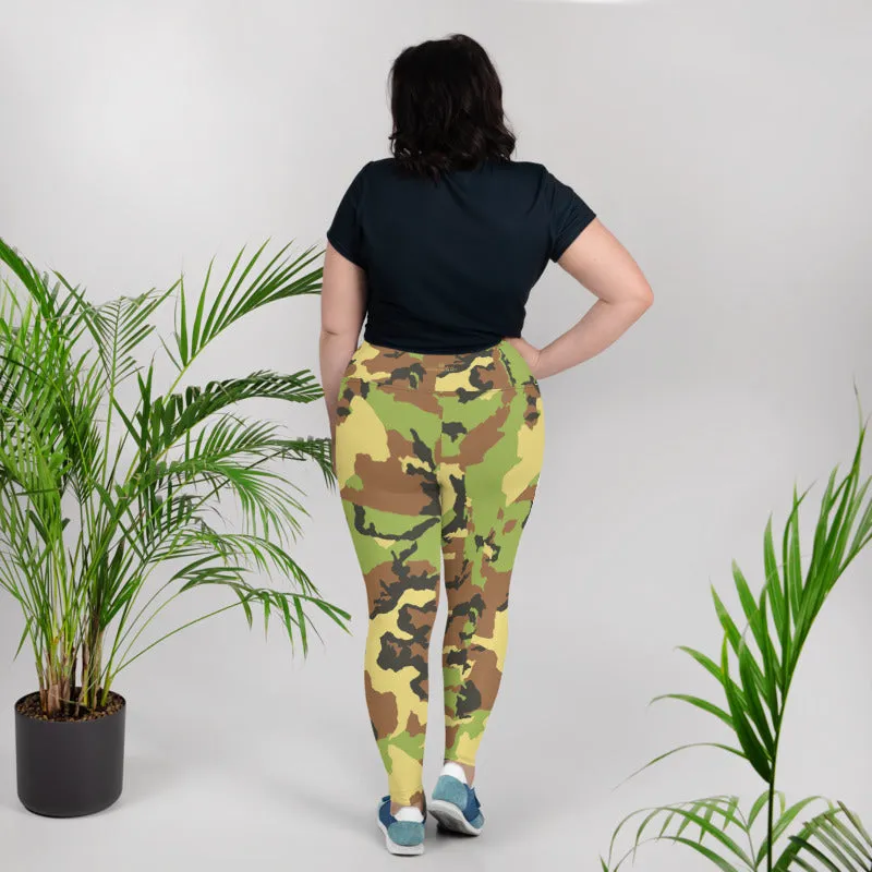 Green Camo Print Plus Size Leggings, Adventurer's Camouflage Army Tights- Made in USA/ EU