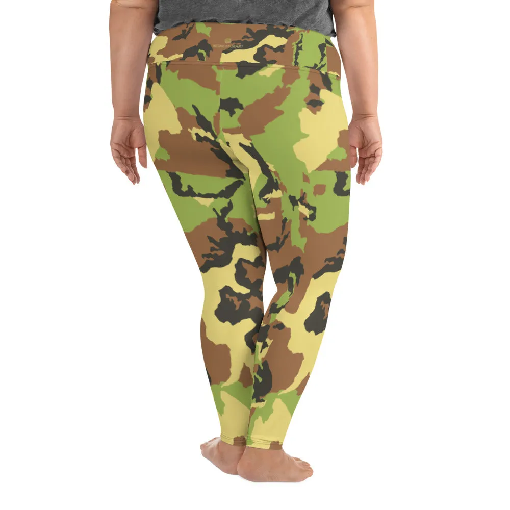 Green Camo Print Plus Size Leggings, Adventurer's Camouflage Army Tights- Made in USA/ EU