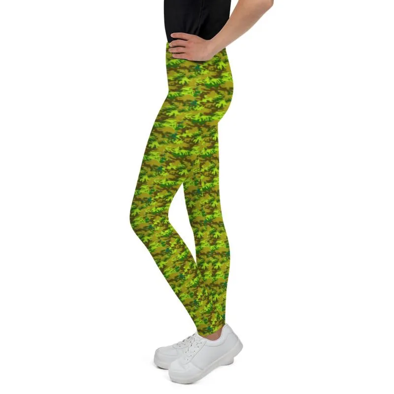 Green Camo Youth Leggings, Green Camouflage Military Army Youth Leggings- Made in USA/EU