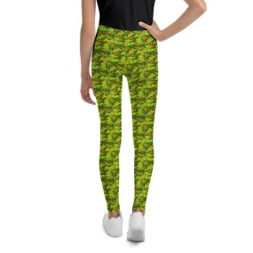 Green Camo Youth Leggings, Green Camouflage Military Army Youth Leggings- Made in USA/EU