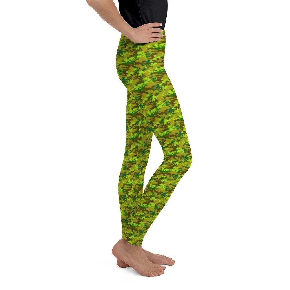 Green Camo Youth Leggings, Green Camouflage Military Army Youth Leggings- Made in USA/EU