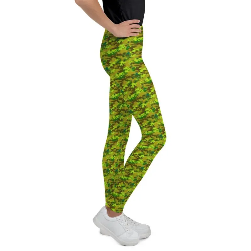 Green Camo Youth Leggings, Green Camouflage Military Army Youth Leggings- Made in USA/EU