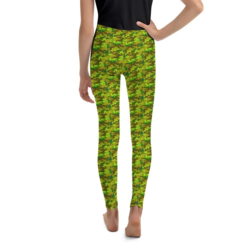 Green Camo Youth Leggings, Green Camouflage Military Army Youth Leggings- Made in USA/EU