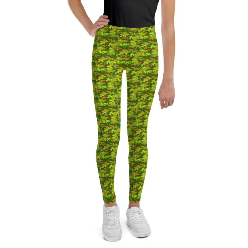 Green Camo Youth Leggings, Green Camouflage Military Army Youth Leggings- Made in USA/EU