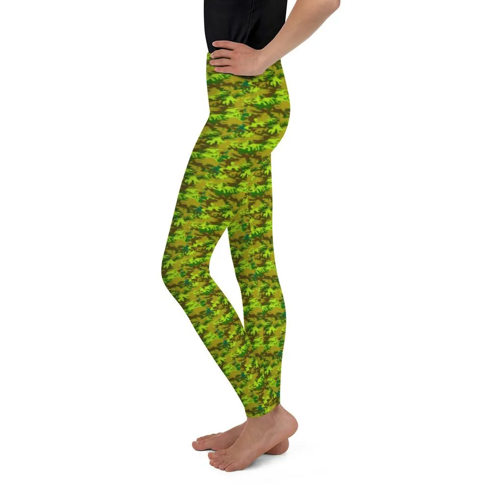 Green Camo Youth Leggings, Green Camouflage Military Army Youth Leggings- Made in USA/EU