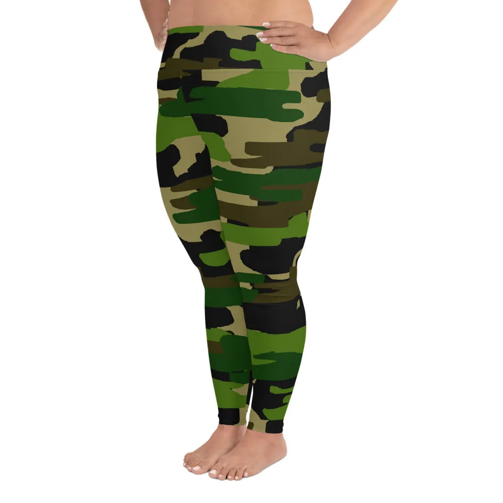 Green Military Camo Long Tights, Camouflage Print Women's Plus Size Leggings (US Size: 2XL-6XL)