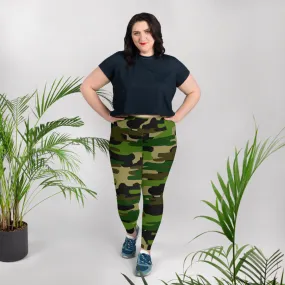 Green Military Camo Long Tights, Camouflage Print Women's Plus Size Leggings (US Size: 2XL-6XL)