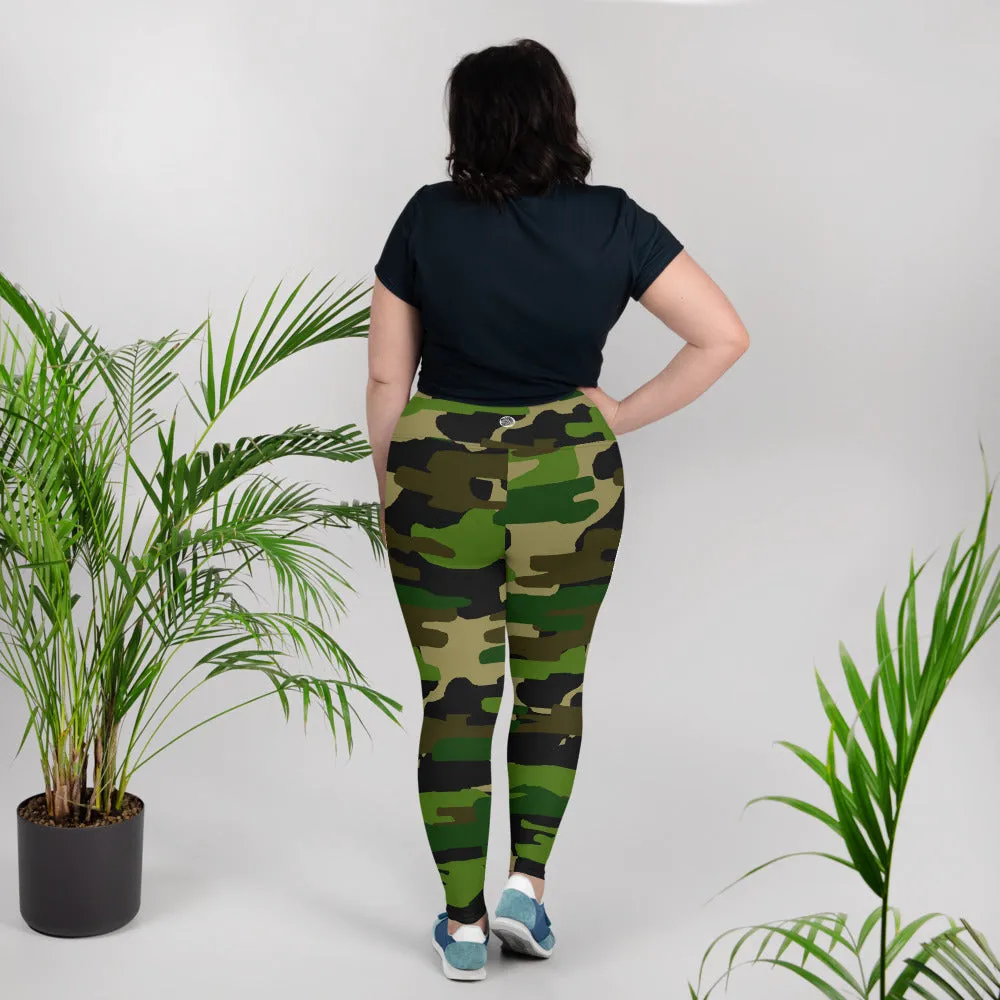 Green Military Camo Long Tights, Camouflage Print Women's Plus Size Leggings (US Size: 2XL-6XL)