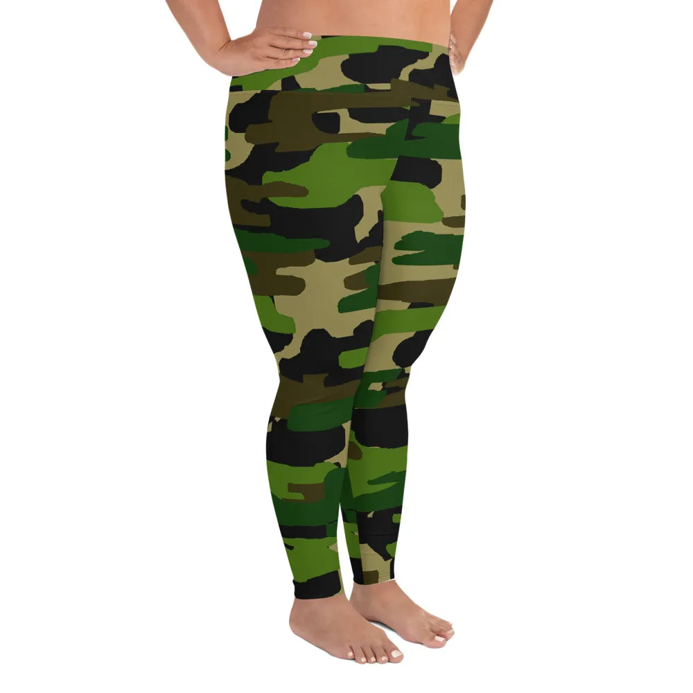 Green Military Camo Long Tights, Camouflage Print Women's Plus Size Leggings (US Size: 2XL-6XL)