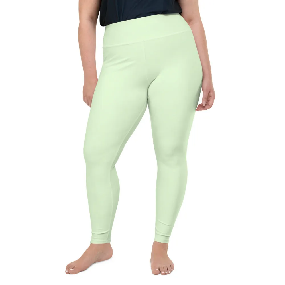 Green Plus Size Leggings, Light Green Pastel Solid Color Women's Yoga Pants- Made in USA/EU