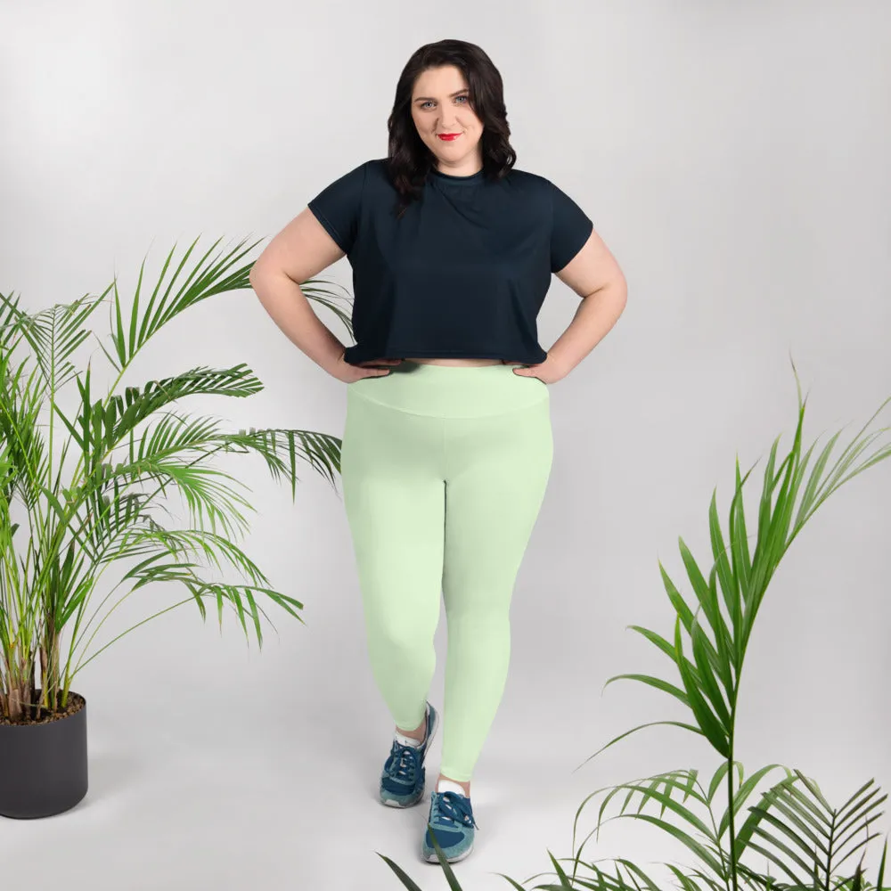 Green Plus Size Leggings, Light Green Pastel Solid Color Women's Yoga Pants- Made in USA/EU