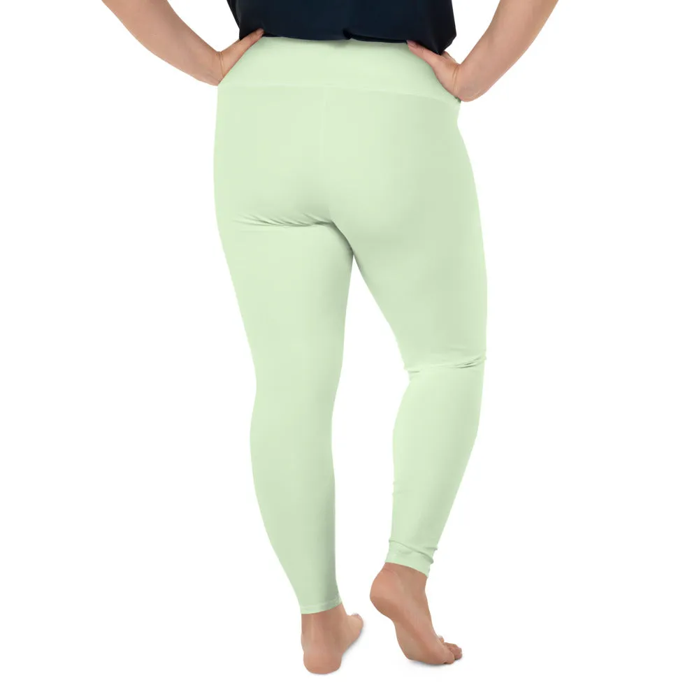 Green Plus Size Leggings, Light Green Pastel Solid Color Women's Yoga Pants- Made in USA/EU