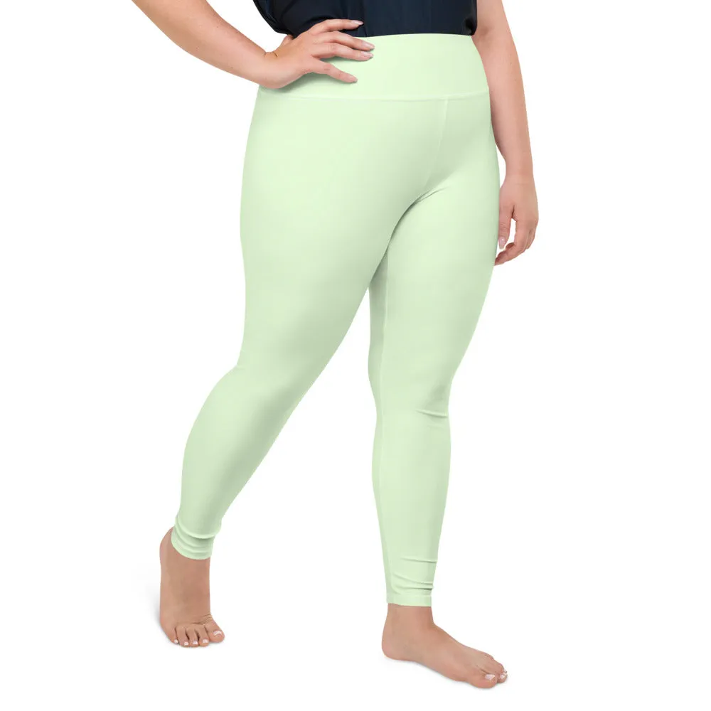 Green Plus Size Leggings, Light Green Pastel Solid Color Women's Yoga Pants- Made in USA/EU