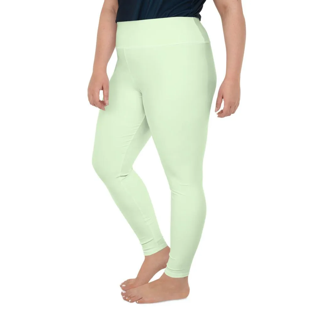 Green Plus Size Leggings, Light Green Pastel Solid Color Women's Yoga Pants- Made in USA/EU