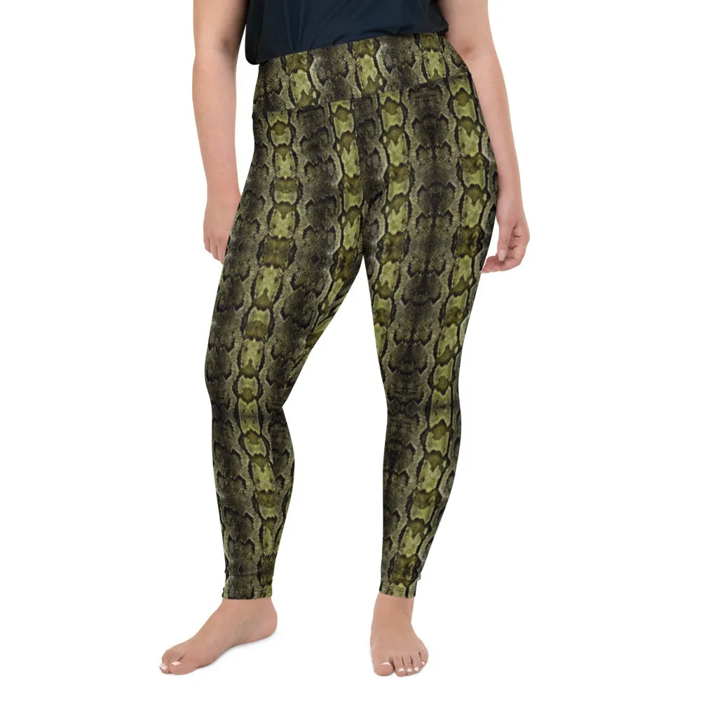 Green Snake Print Women's Tights, Best Snake Skin Print Plus Size Leggings For Ladies- Made in USA/EU/MX