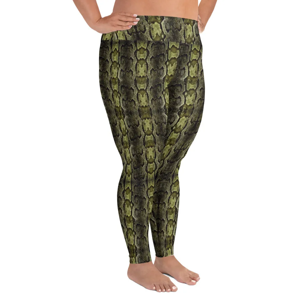 Green Snake Print Women's Tights, Best Snake Skin Print Plus Size Leggings For Ladies- Made in USA/EU/MX