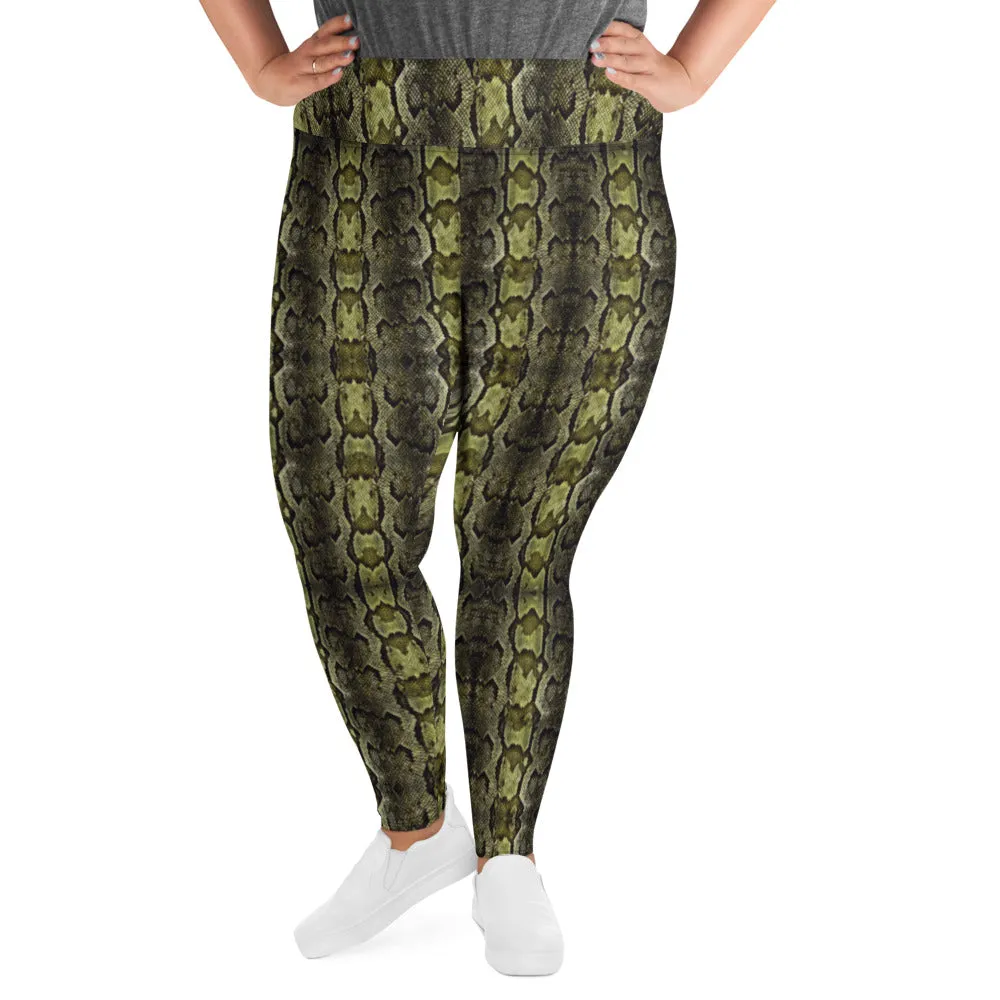 Green Snake Print Women's Tights, Best Snake Skin Print Plus Size Leggings For Ladies- Made in USA/EU/MX