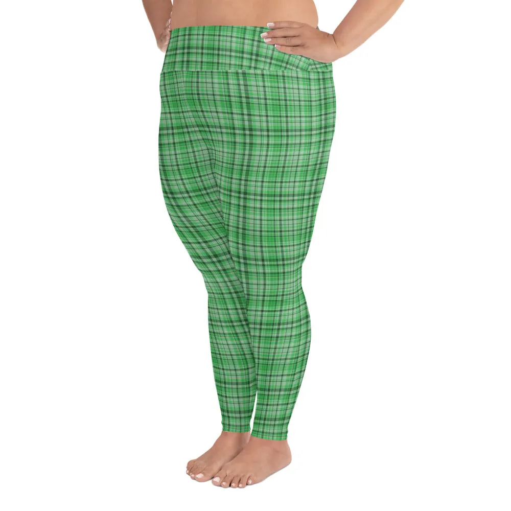 Green Tartan Plaid Print High Waist Elastic Women's Long Yoga Pants Leggings