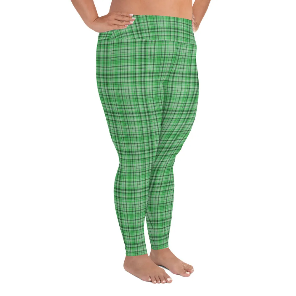 Green Tartan Plaid Print High Waist Elastic Women's Long Yoga Pants Leggings