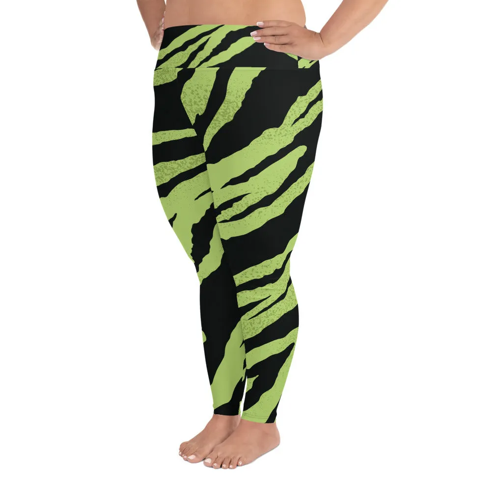 Green Tiger Plus Size Leggings, Black Tiger Stripe Animal Print Women's Long Yoga Pants