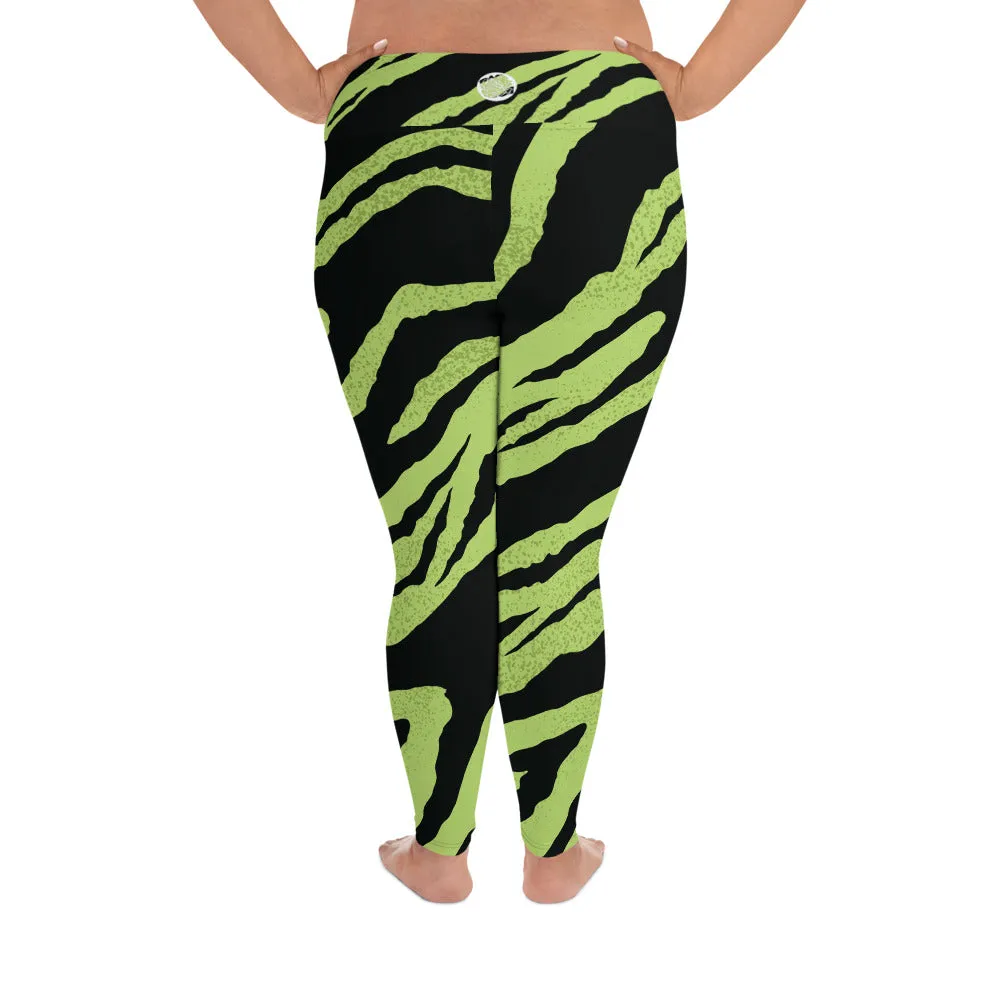 Green Tiger Plus Size Leggings, Black Tiger Stripe Animal Print Women's Long Yoga Pants