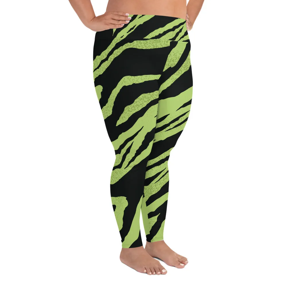 Green Tiger Plus Size Leggings, Black Tiger Stripe Animal Print Women's Long Yoga Pants