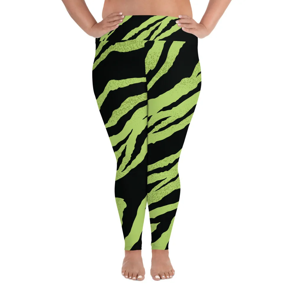 Green Tiger Plus Size Leggings, Black Tiger Stripe Animal Print Women's Long Yoga Pants