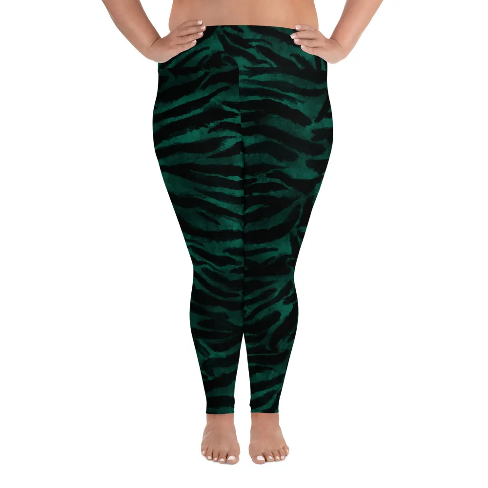 Green Tiger Plus Size leggings, Striped Women's Long Yoga Pants Tights-Made in USA/EU