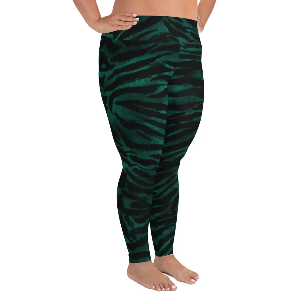 Green Tiger Plus Size leggings, Striped Women's Long Yoga Pants Tights-Made in USA/EU