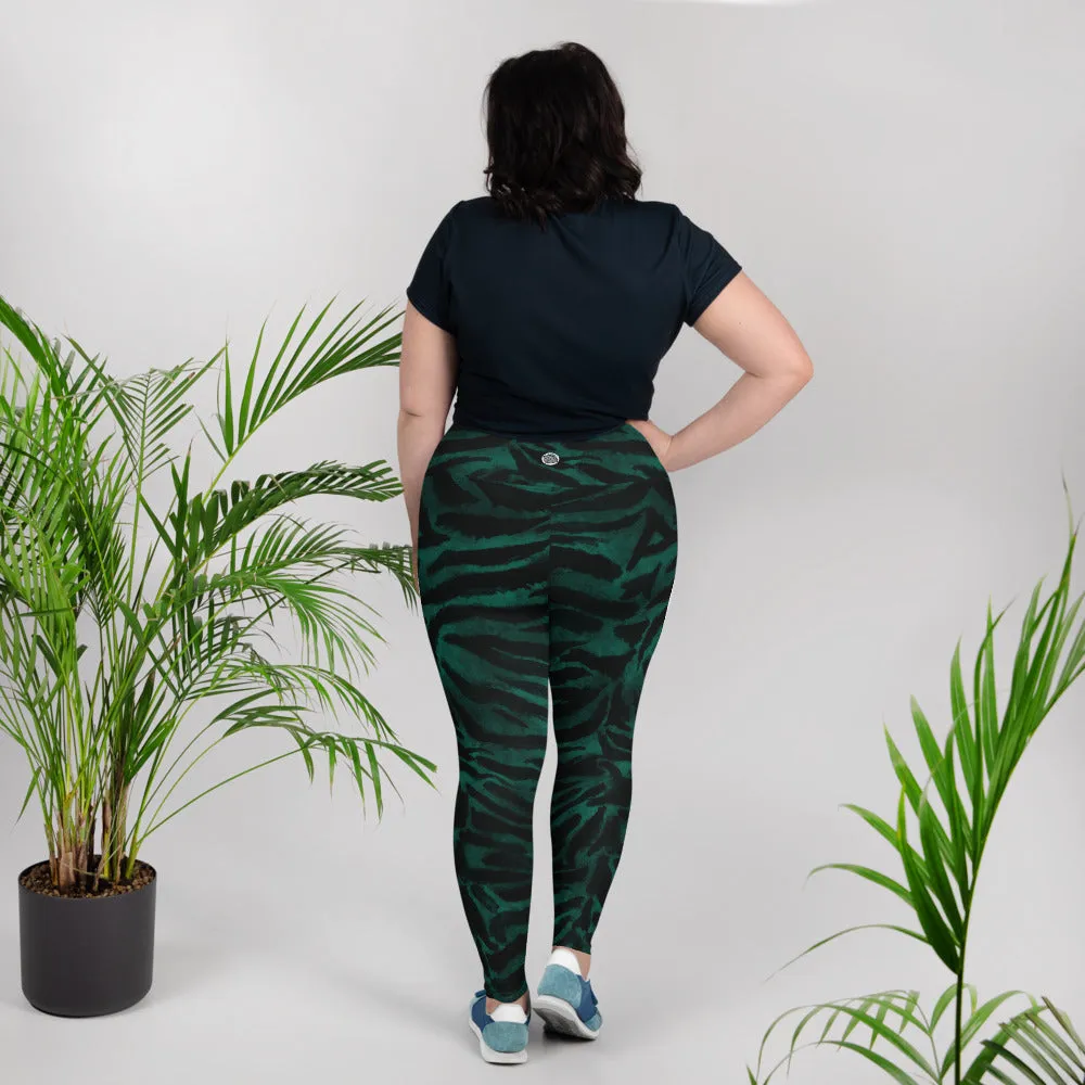 Green Tiger Plus Size leggings, Striped Women's Long Yoga Pants Tights-Made in USA/EU