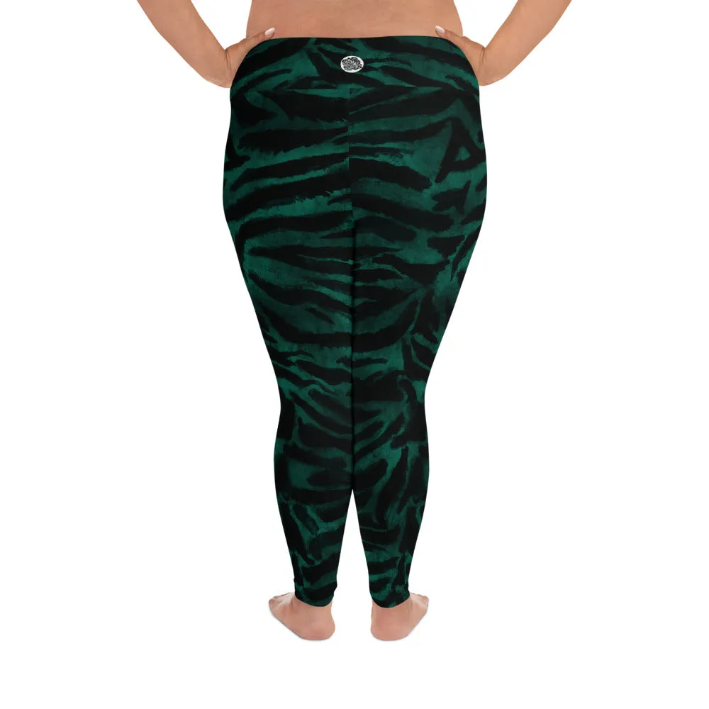 Green Tiger Plus Size leggings, Striped Women's Long Yoga Pants Tights-Made in USA/EU