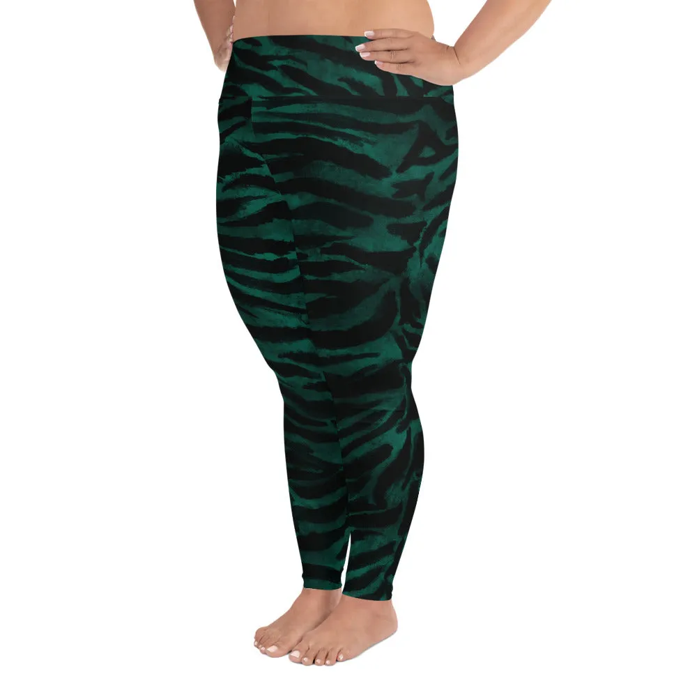 Green Tiger Plus Size leggings, Striped Women's Long Yoga Pants Tights-Made in USA/EU