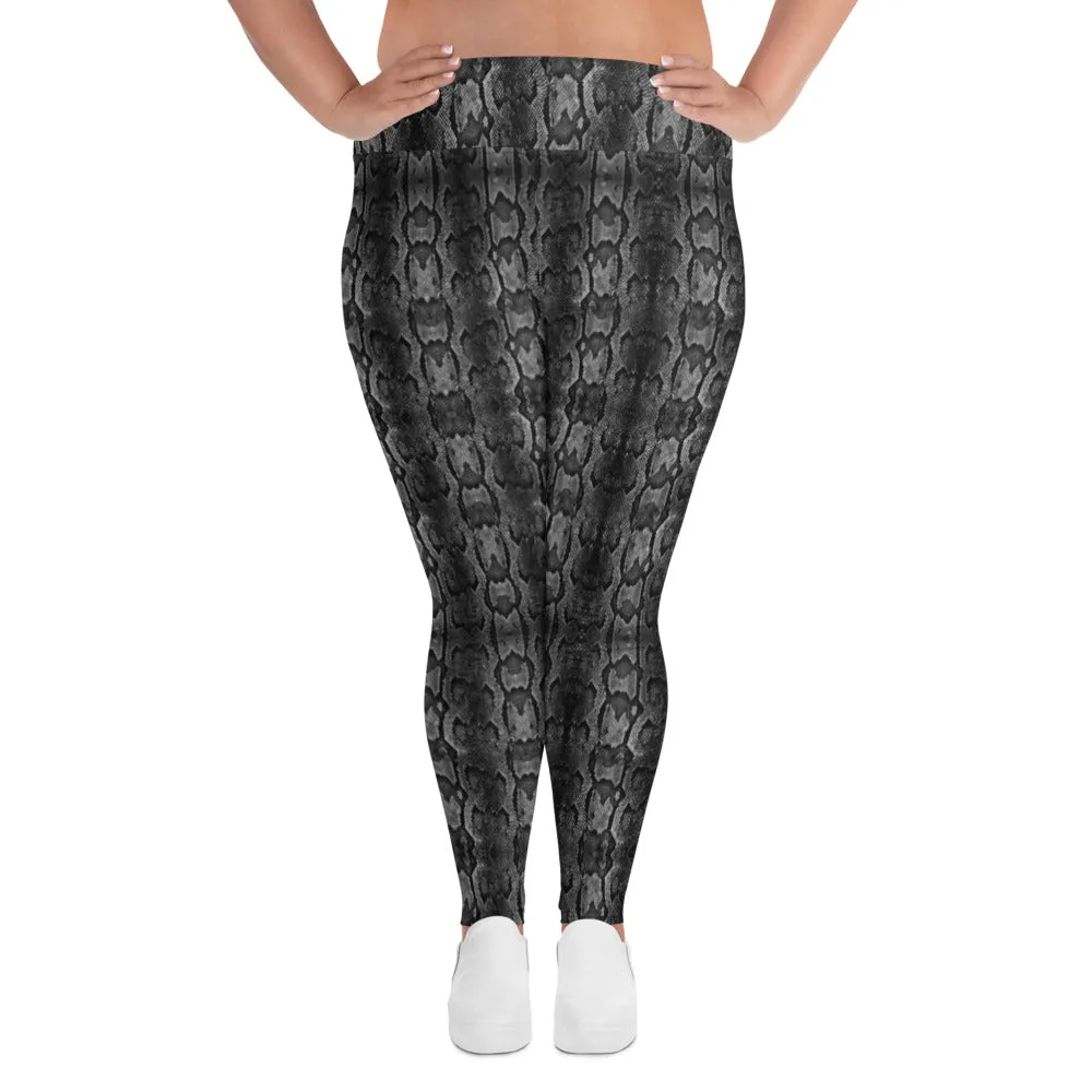 Grey Snake Print Women's Tights, Best Snake Skin Print Plus Size Leggings For Ladies- Made in USA/EU/MX