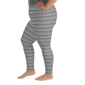 Horizontal Black Striped Long Tights, White Stripe Print Plus Size Leggings Yoga Pants Tights-  Made in USA/ EU