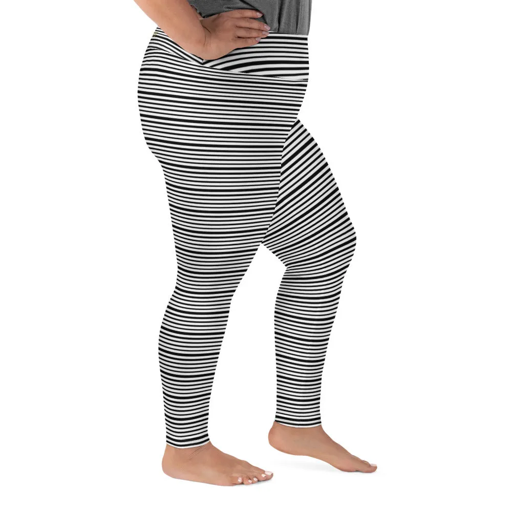 Horizontal Black Striped Long Tights, White Stripe Print Plus Size Leggings Yoga Pants Tights-  Made in USA/ EU