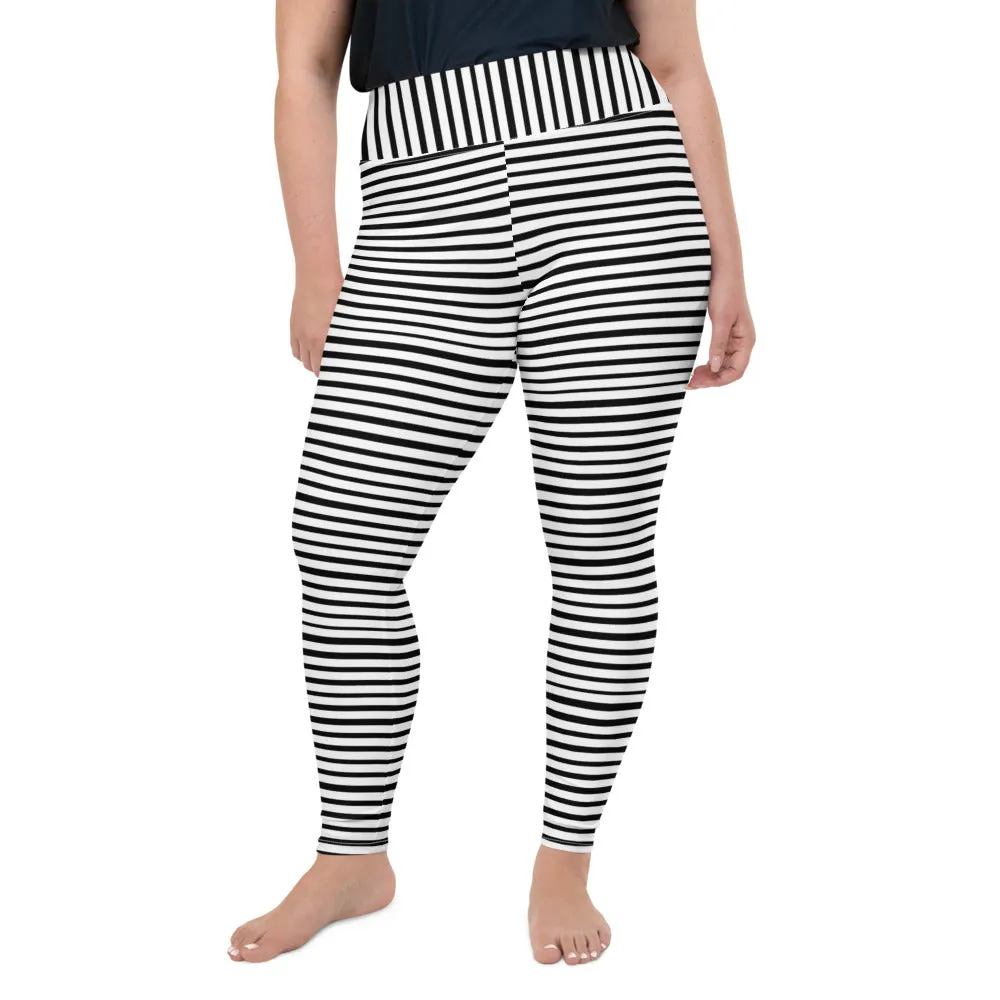 Horizontal Striped Plus Size Leggings, Black White Women's Yoga Pants- Made in USA/EU