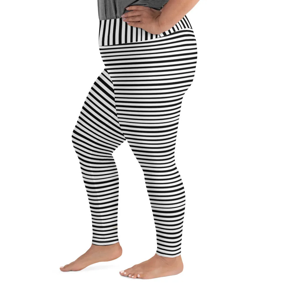 Horizontal Striped Plus Size Leggings, Black White Women's Yoga Pants- Made in USA/EU