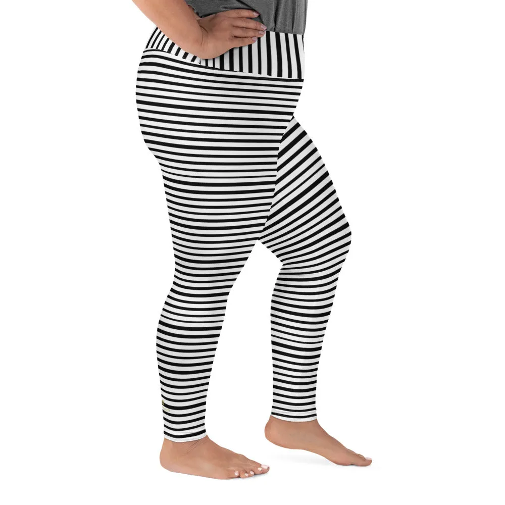 Horizontal Striped Plus Size Leggings, Black White Women's Yoga Pants- Made in USA/EU