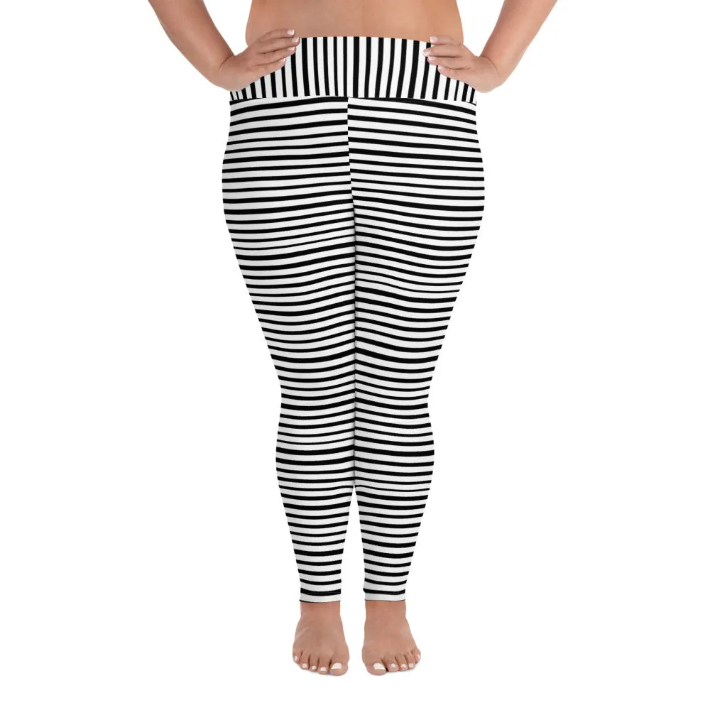 Horizontal Striped Plus Size Leggings, Black White Women's Yoga Pants- Made in USA/EU