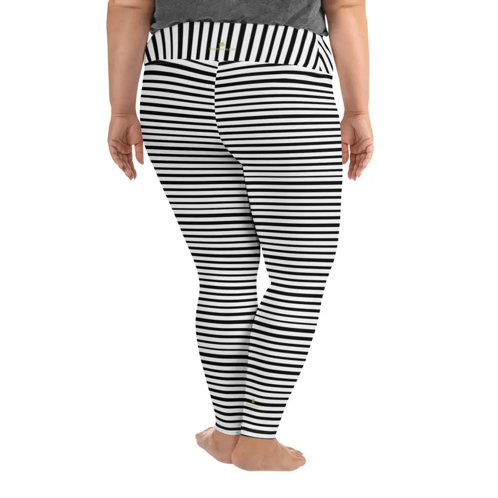 Horizontal Striped Plus Size Leggings, Black White Women's Yoga Pants- Made in USA/EU